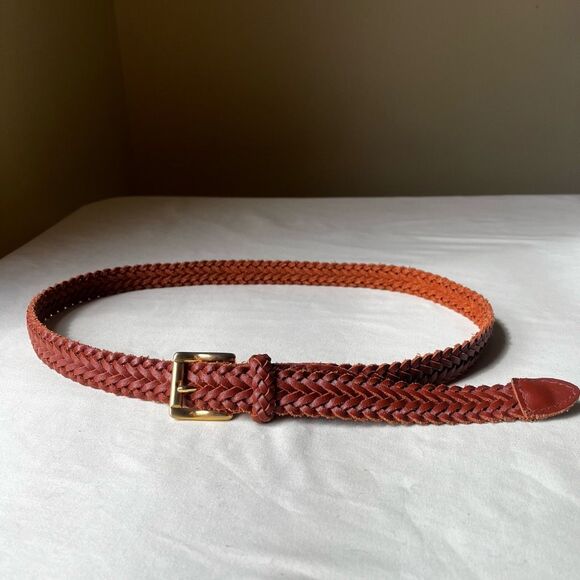 Vintage Cognac Brown Braided Leather Belt Gold Tone Buckle Casual Unisex XL - Picture 1 of 9